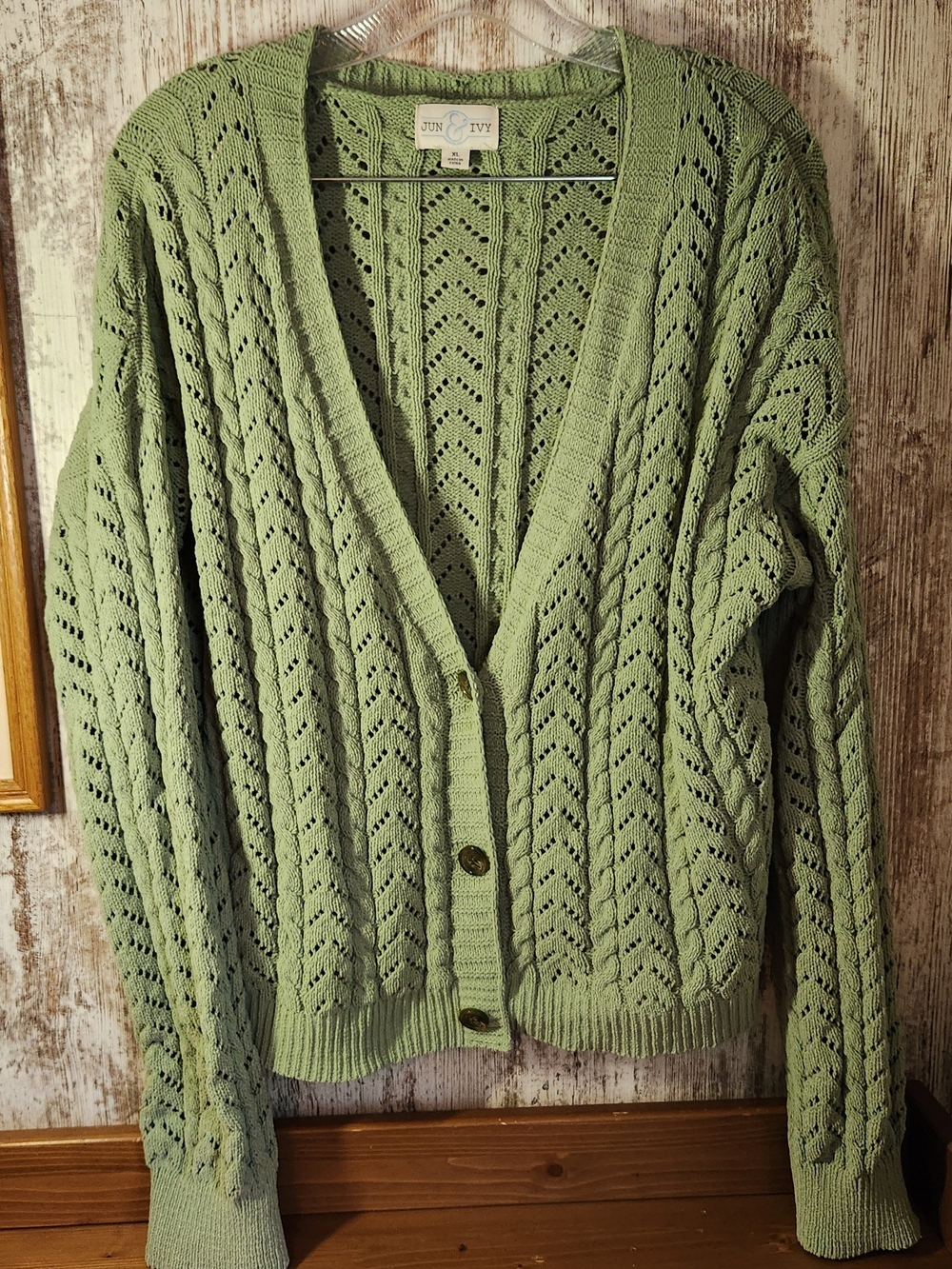 Jun & Ivy Sage Green Open Stitch Cable Knit V-Neck Cardigan - Size XL